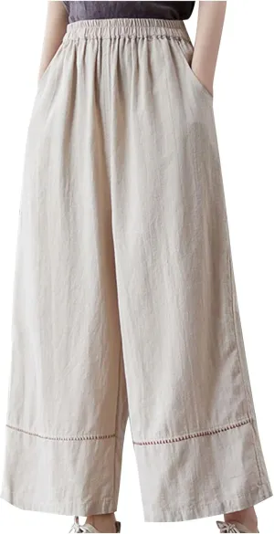Cotton Linen Pants for Women Summer Casual Loose Elastic High Waist Trousers Casual Fashion Wide Leg Palazzo Slacks