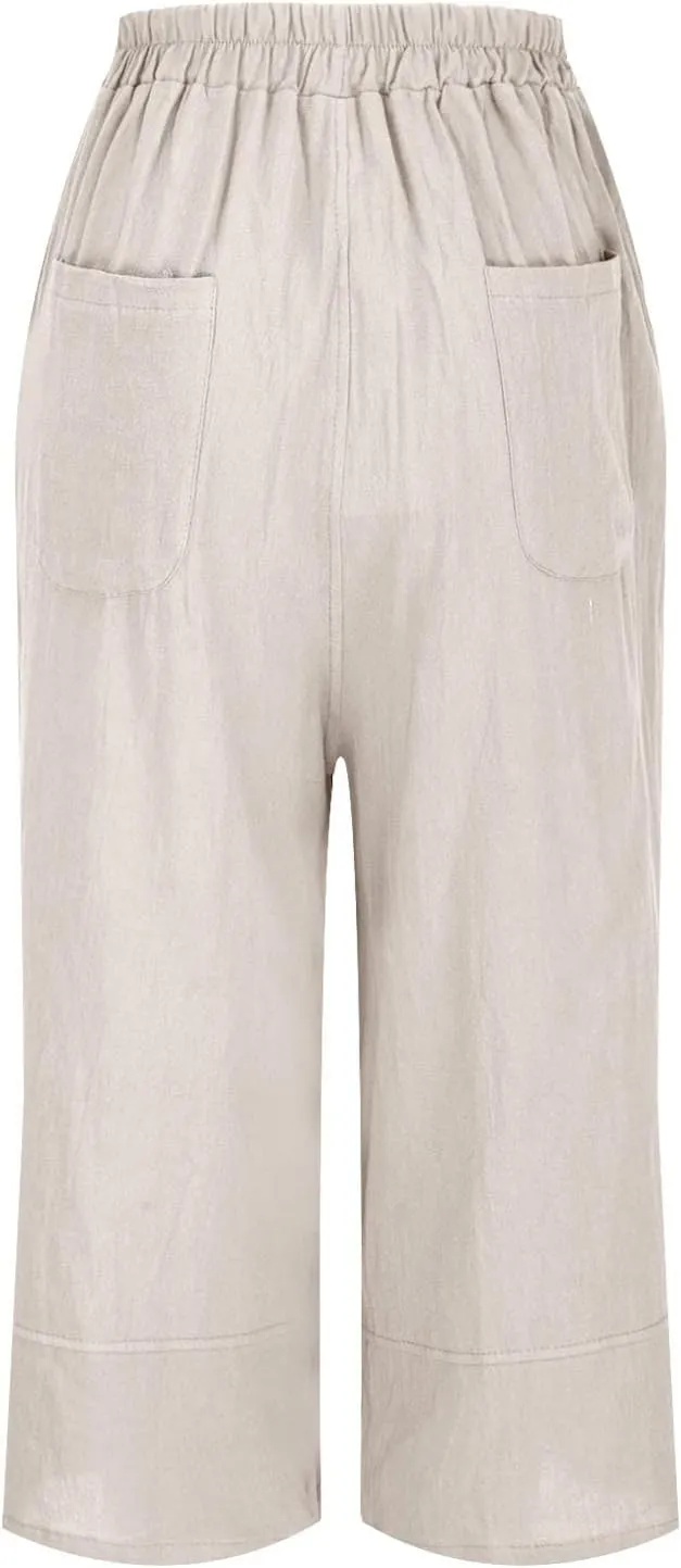 Cotton Linen Pants for Women Summer Casual Loose Elastic High Waist Trousers Casual Fashion Wide Leg Palazzo Slacks