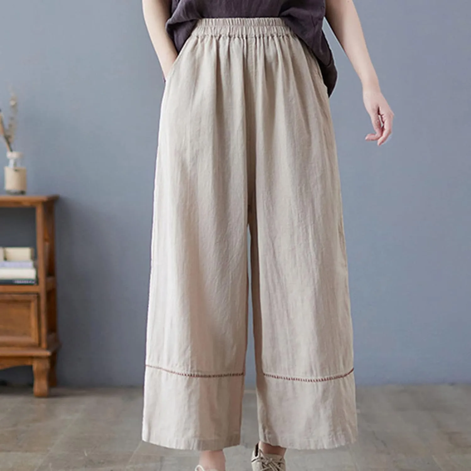Cotton Linen Pants for Women Summer Casual Loose Elastic High Waist Trousers Casual Fashion Wide Leg Palazzo Slacks