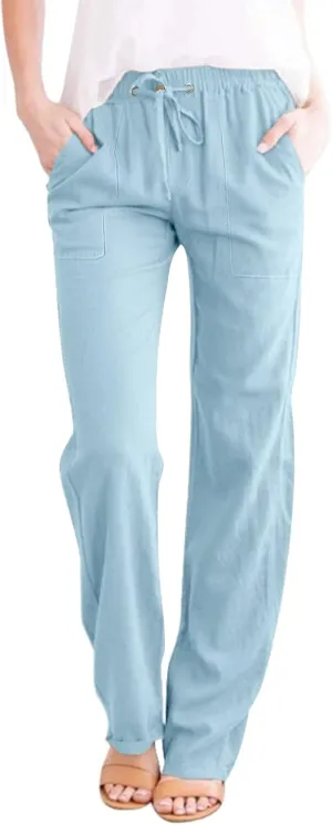 Cotton Linen Pants Women 2025 Casual Straight Leg Drawstring Elastic Hight Waist Trousers Pockets Loose Palazzo Pants