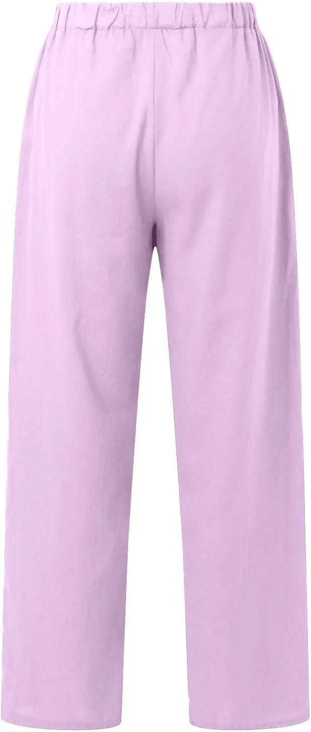 Cotton Linen Pants Women Summer High Waist Casual Drawstring Pants Straight Leg Going Out Lounge Trouser with Pocket