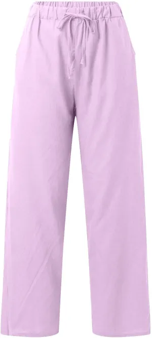 Cotton Linen Pants Women Summer High Waist Casual Drawstring Pants Straight Leg Going Out Lounge Trouser with Pocket