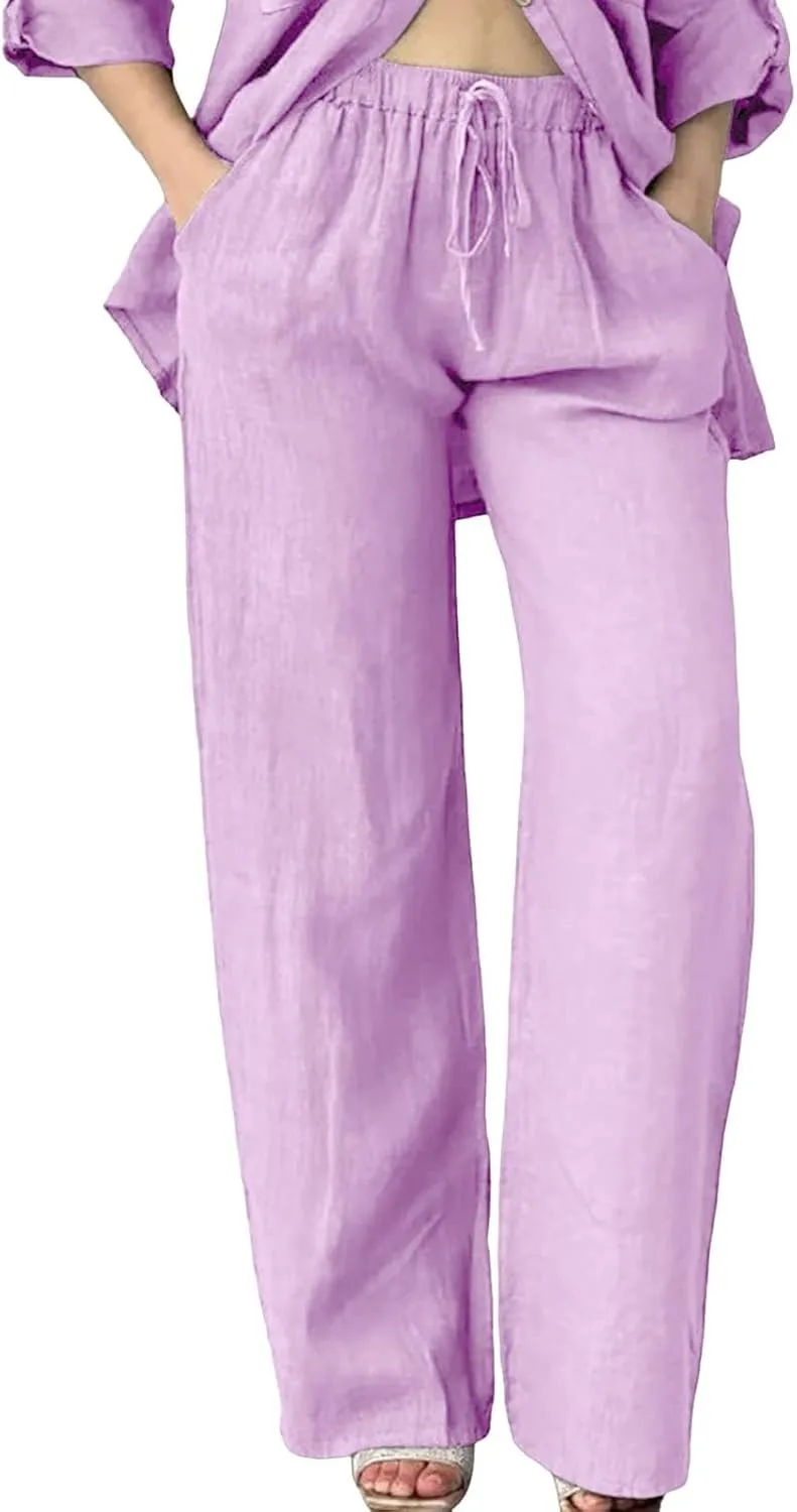 Cotton Linen Pants Women Summer High Waist Casual Drawstring Pants Straight Leg Going Out Lounge Trouser with Pocket