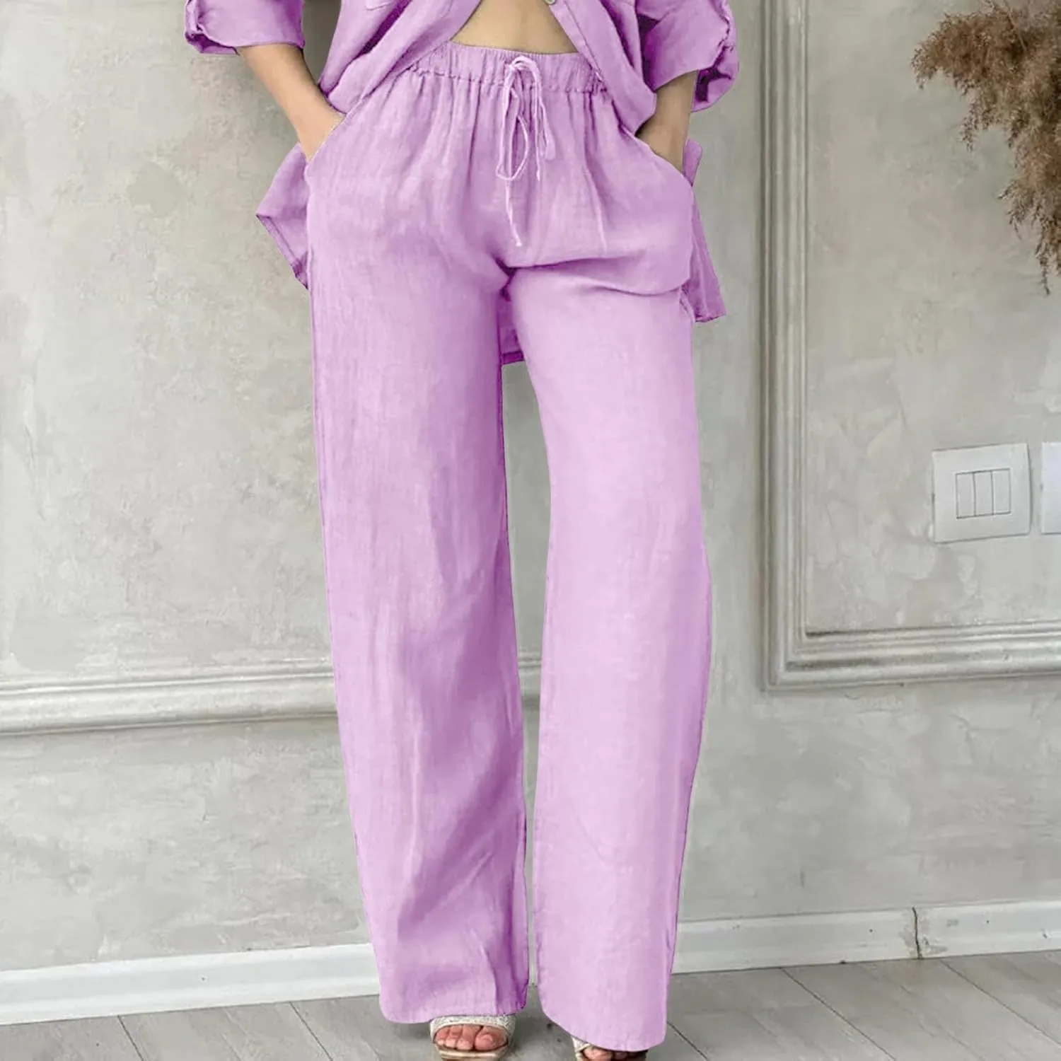 Cotton Linen Pants Women Summer High Waist Casual Drawstring Pants Straight Leg Going Out Lounge Trouser with Pocket