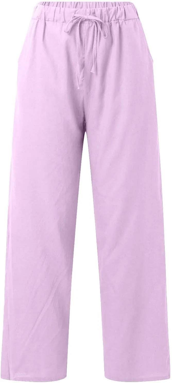 Cotton Linen Pants Women Summer High Waist Casual Drawstring Pants Straight Leg Going Out Lounge Trouser with Pocket
