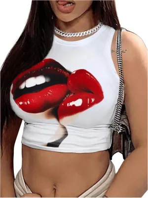 COZYEASE Women's Graphic Tank Top Crew Neck Sleeveless Crop Tops Slim Fit Summer Top