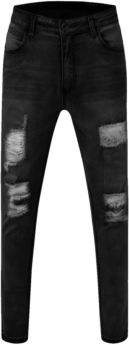 CRNTCEM Mens Ripped Skinny Distressed Jeans Tapered Leg Moto Biker Long Denim Pants Slim Fit Stretch Work Commute Jean Pants