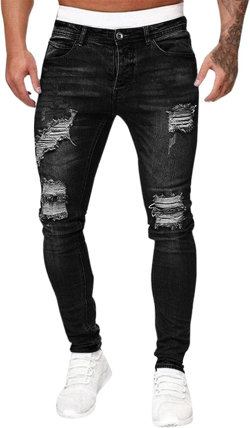 CRNTCEM Mens Ripped Skinny Distressed Jeans Tapered Leg Moto Biker Long Denim Pants Slim Fit Stretch Work Commute Jean Pants