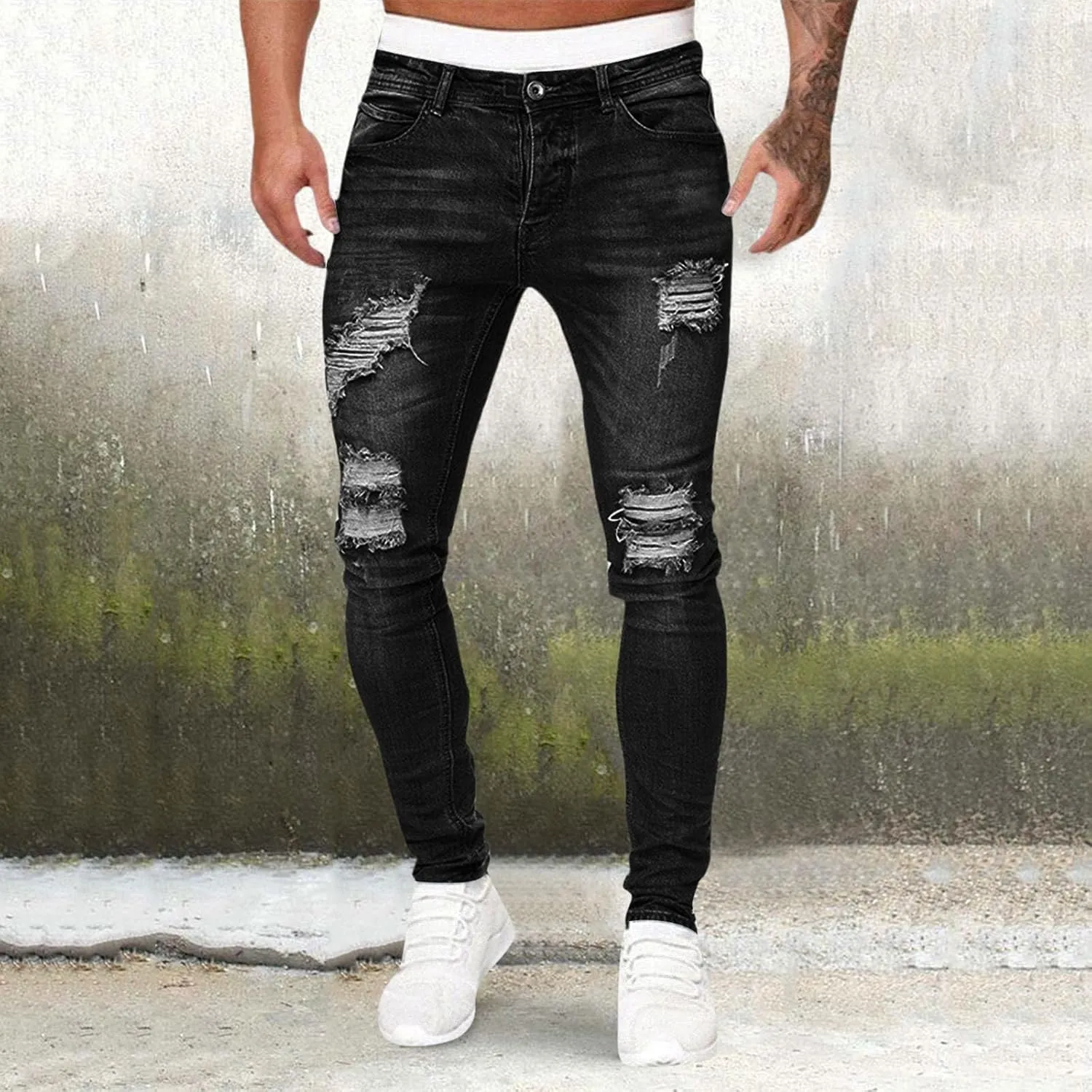 CRNTCEM Mens Ripped Skinny Distressed Jeans Tapered Leg Moto Biker Long Denim Pants Slim Fit Stretch Work Commute Jean Pants