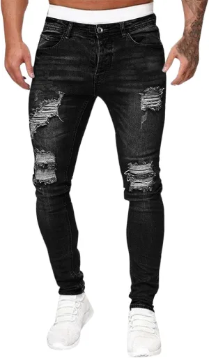 CRNTCEM Mens Ripped Skinny Distressed Jeans Tapered Leg Moto Biker Long Denim Pants Slim Fit Stretch Work Commute Jean Pants