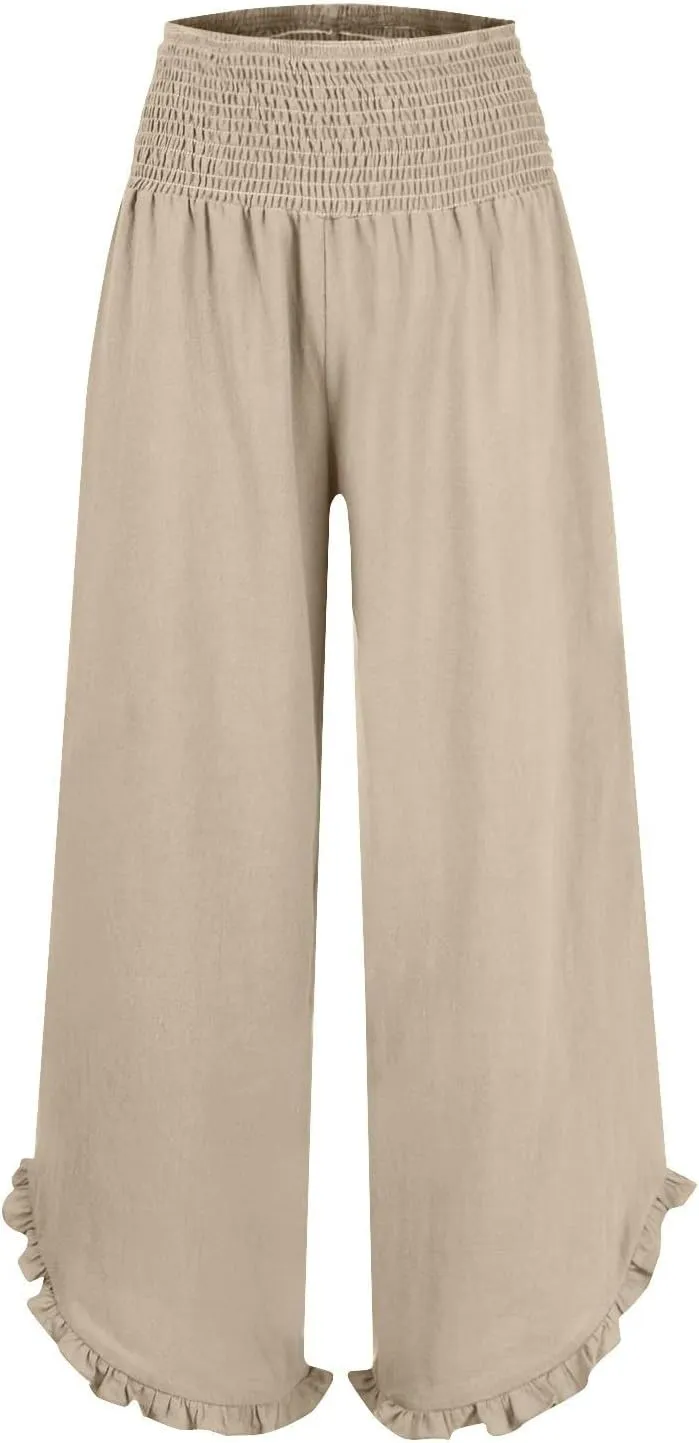 Cropped Linen Wide Leg Pants Woman Flowy High Waisted Palazzo Beach Pants Ladies Summer Trousers with Pockets