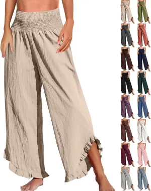 Cropped Linen Wide Leg Pants Woman Flowy High Waisted Palazzo Beach Pants Ladies Summer Trousers with Pockets