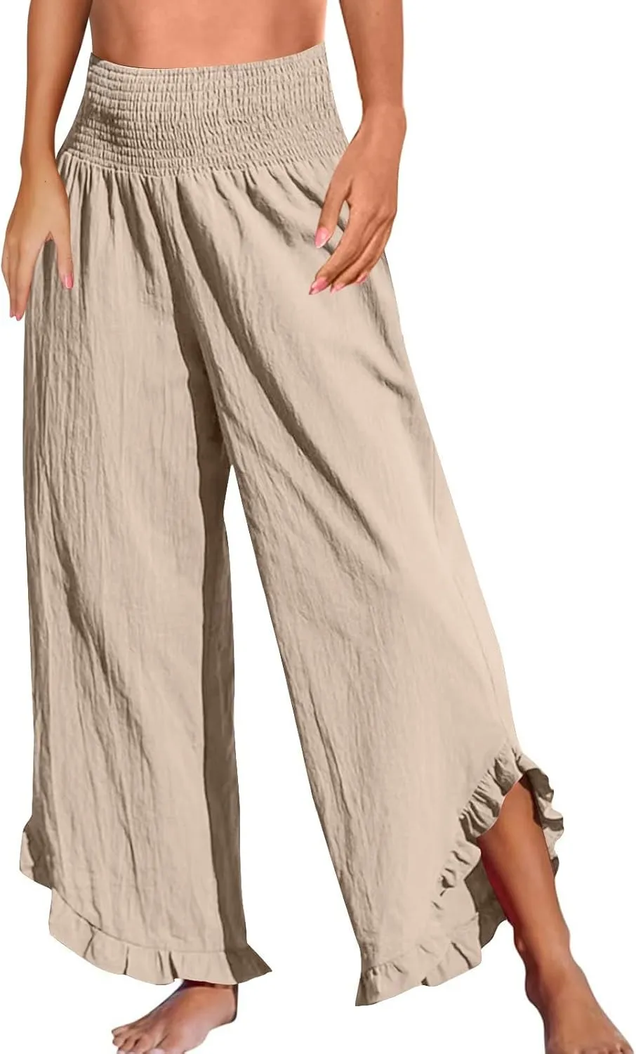 Cropped Linen Wide Leg Pants Woman Flowy High Waisted Palazzo Beach Pants Ladies Summer Trousers with Pockets