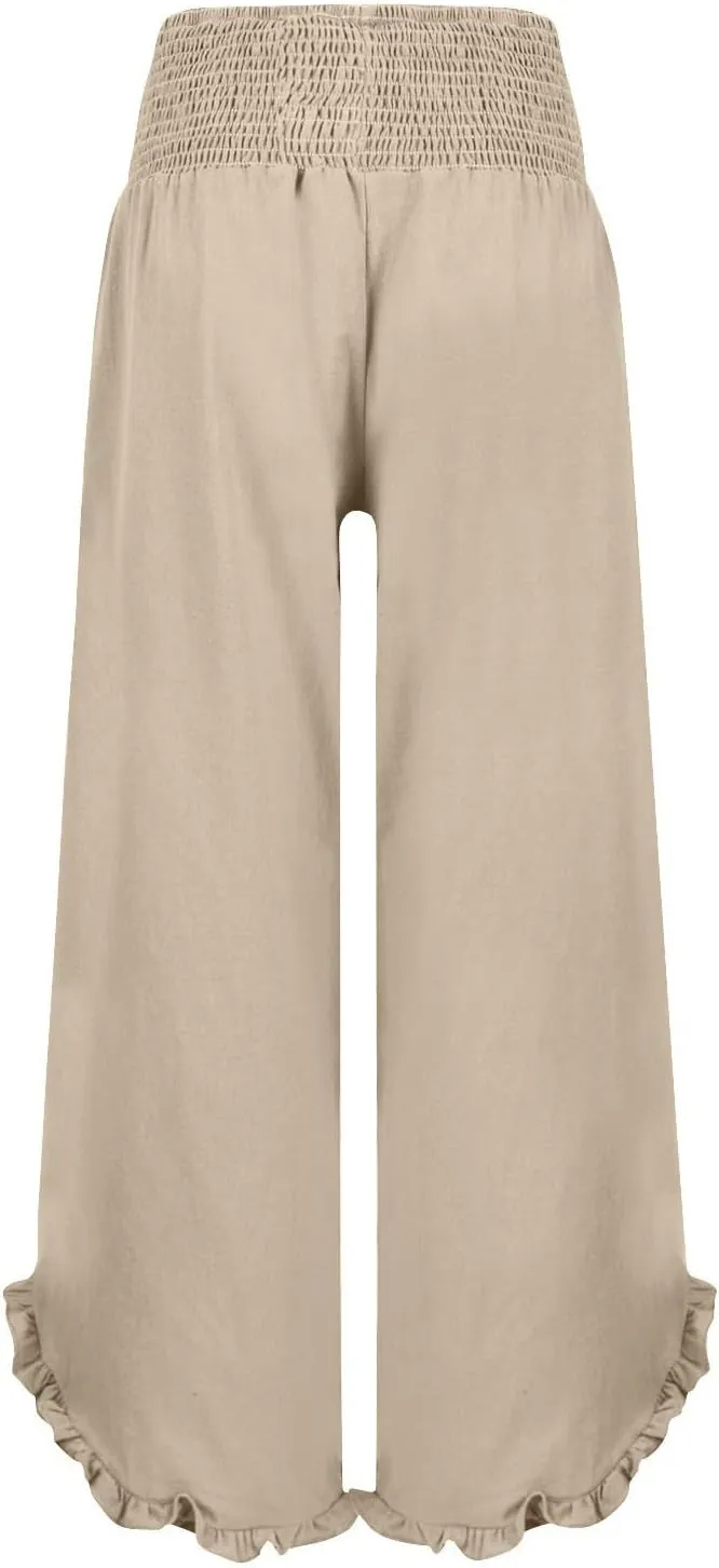 Cropped Linen Wide Leg Pants Woman Flowy High Waisted Palazzo Beach Pants Ladies Summer Trousers with Pockets