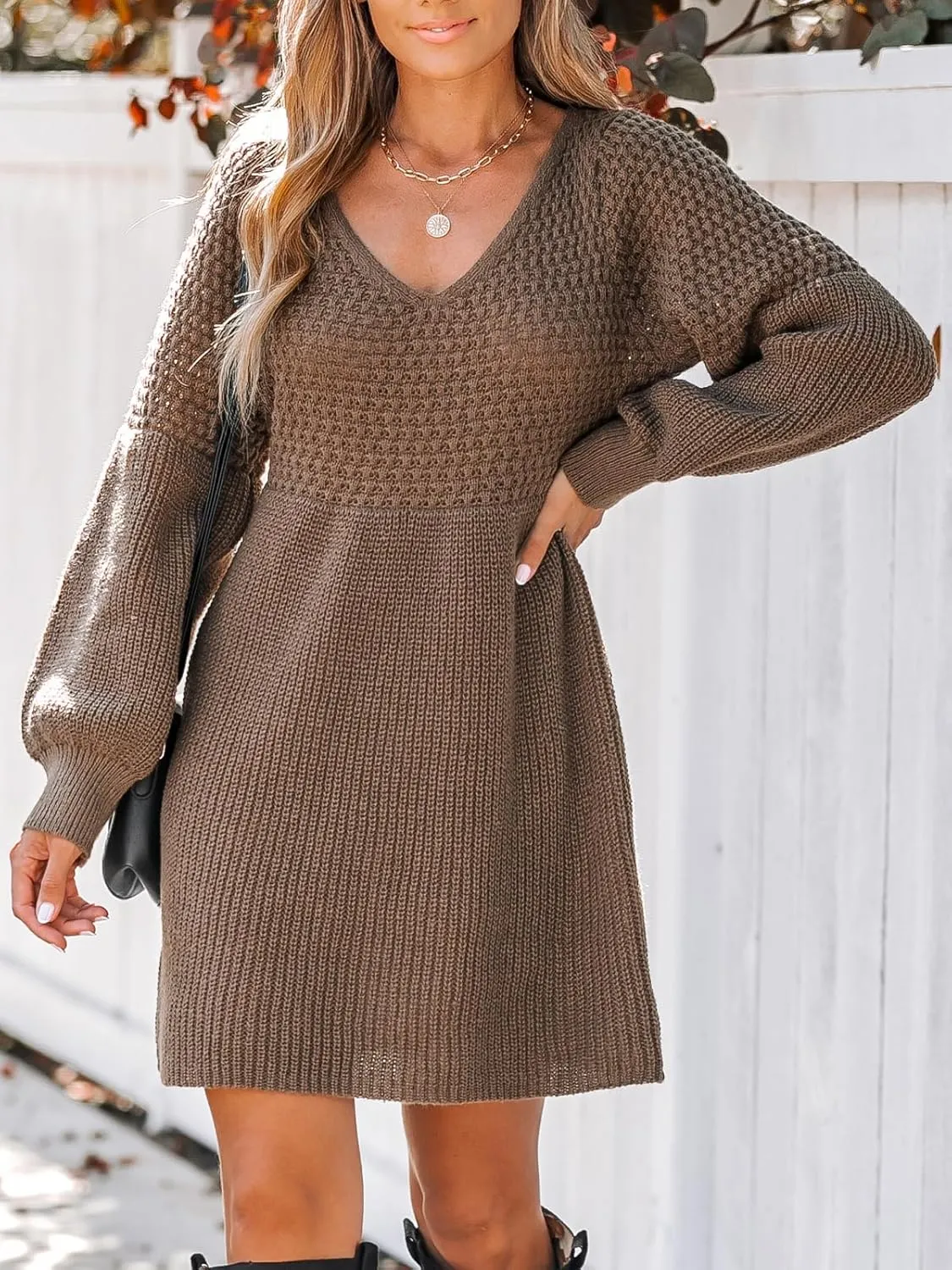 CUPSHE Women's Sweater Dress V Neck Honeycomb Long Sleeve Textured Fall Casual Knit Pullover Dresses