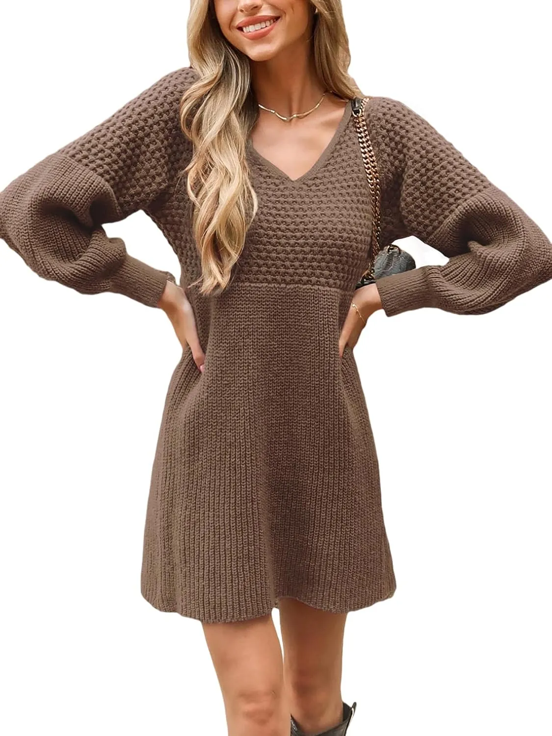 CUPSHE Women's Sweater Dress V Neck Honeycomb Long Sleeve Textured Fall Casual Knit Pullover Dresses