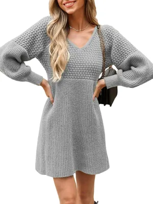 CUPSHE Women's Sweater Dress V Neck Honeycomb Long Sleeve Textured Fall Casual Knit Pullover Dresses