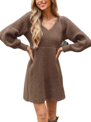 CUPSHE Women's Sweater Dress V Neck Honeycomb Long Sleeve Textured Fall Casual Knit Pullover Dresses