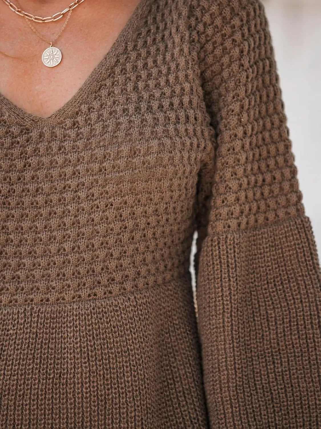 CUPSHE Women's Sweater Dress V Neck Honeycomb Long Sleeve Textured Fall Casual Knit Pullover Dresses