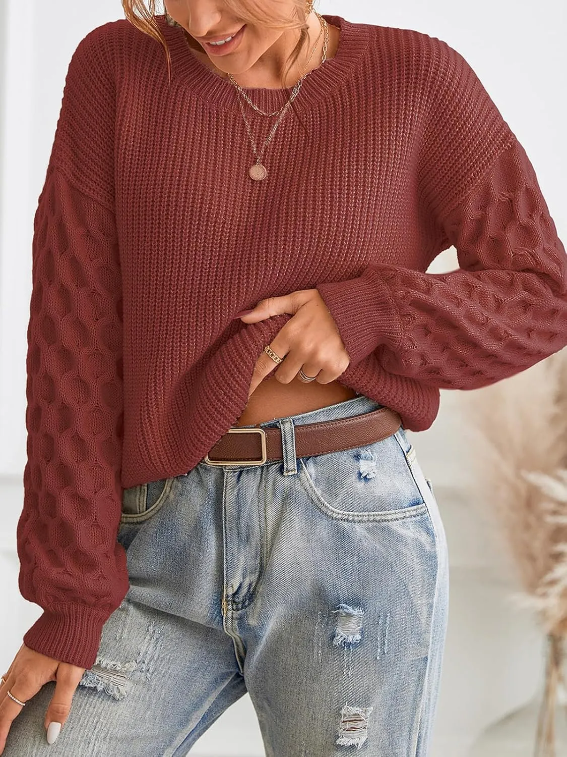 CUPSHE Women's Sweater Long Sleeve Crewneck Sweaters Cable Knit Jumper Tops