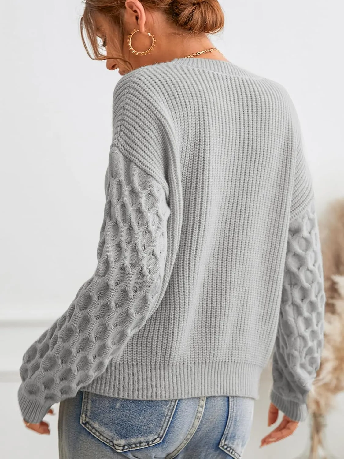 CUPSHE Women's Sweater Long Sleeve Crewneck Sweaters Cable Knit Jumper Tops