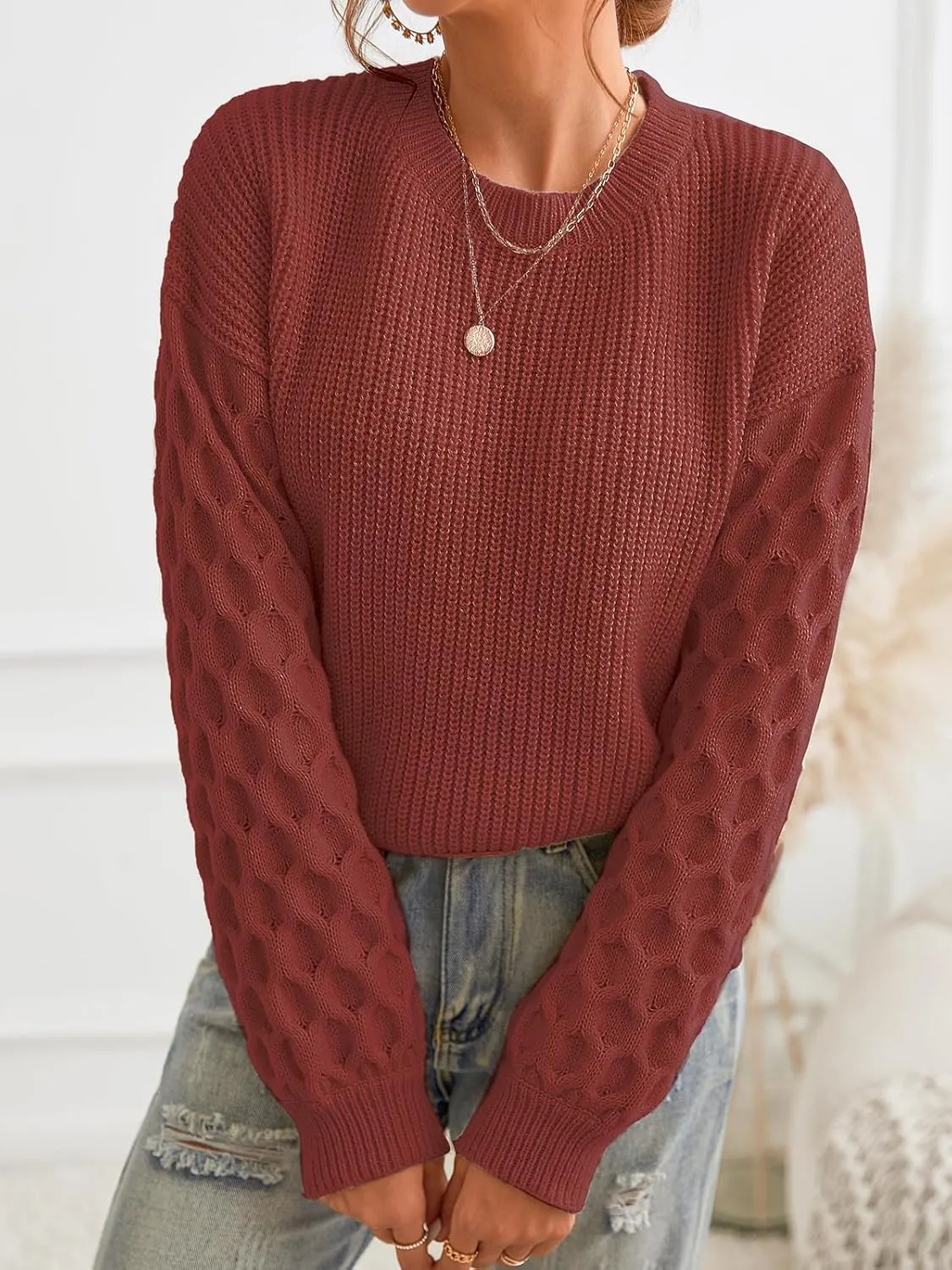 CUPSHE Women's Sweater Long Sleeve Crewneck Sweaters Cable Knit Jumper Tops
