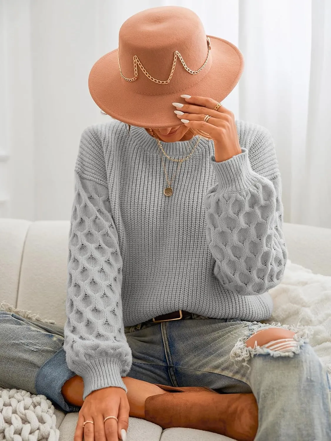 CUPSHE Women's Sweater Long Sleeve Crewneck Sweaters Cable Knit Jumper Tops