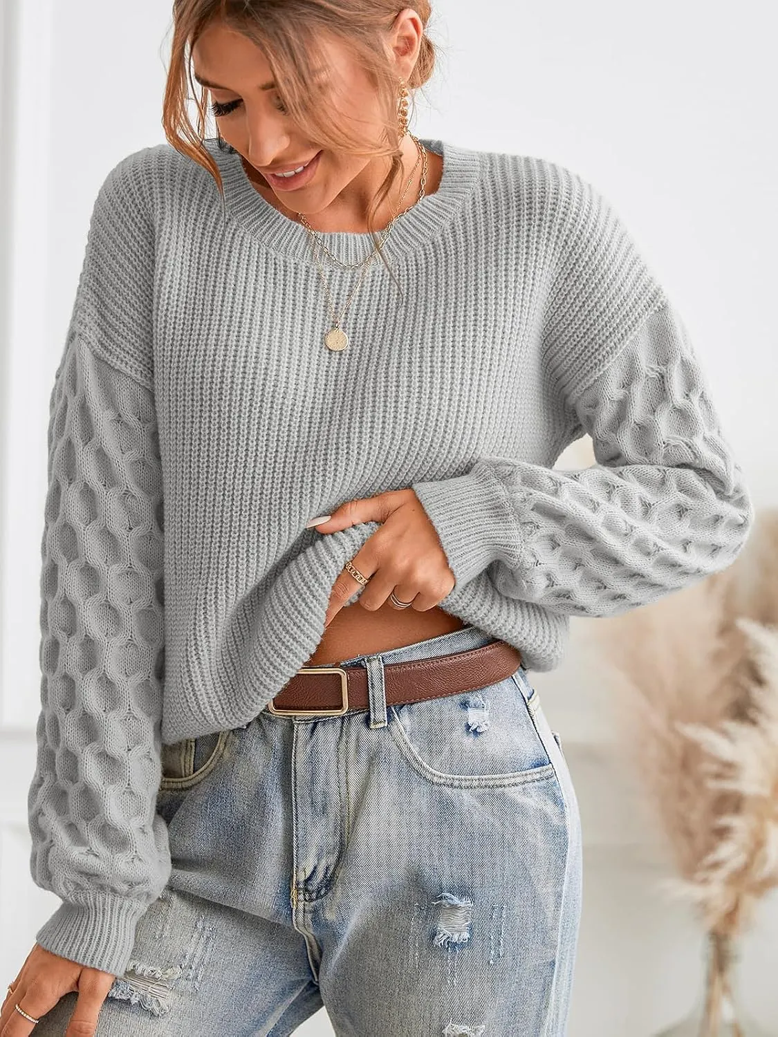 CUPSHE Women's Sweater Long Sleeve Crewneck Sweaters Cable Knit Jumper Tops