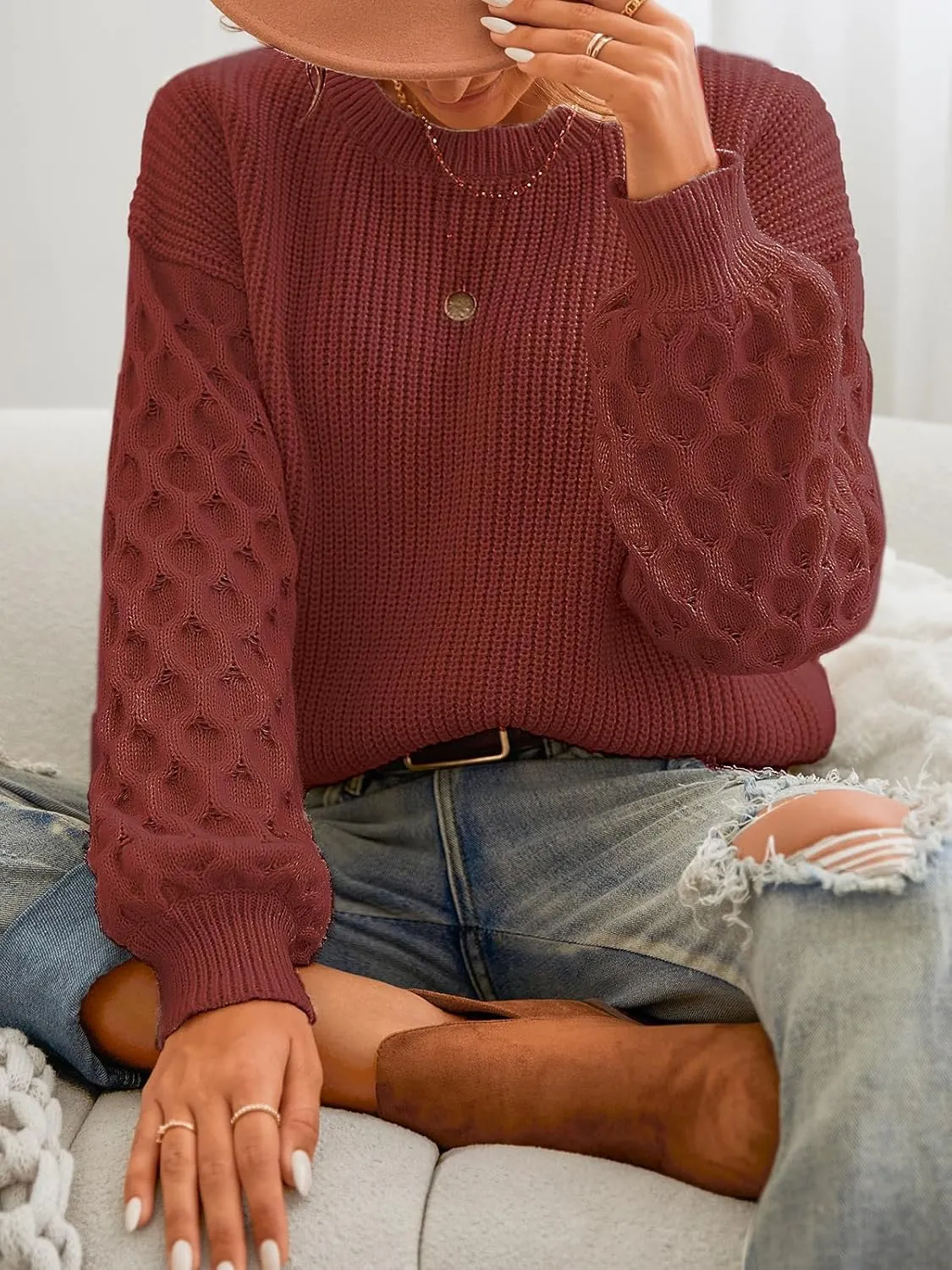 CUPSHE Women's Sweater Long Sleeve Crewneck Sweaters Cable Knit Jumper Tops