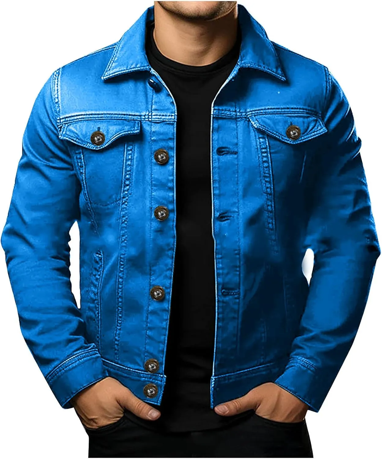 Denim Jackets for Men Button Down Casual Jean Jackets Long Sleeve Lapel Fashion Loose Fit Comfy Coat with Pockets