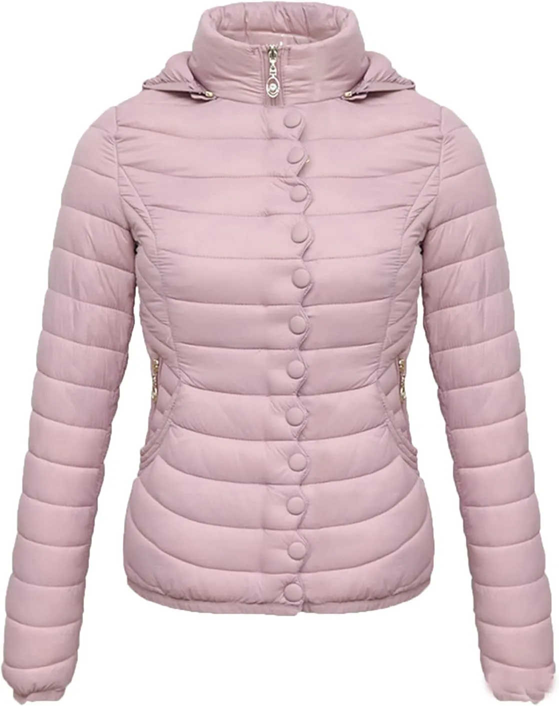 DGHM-JLMY Women Buttons Retro Short Cotton-Padded Jacket Slim Detachable Hood Winter Coat Quilted Thicken Puffer Jacket
