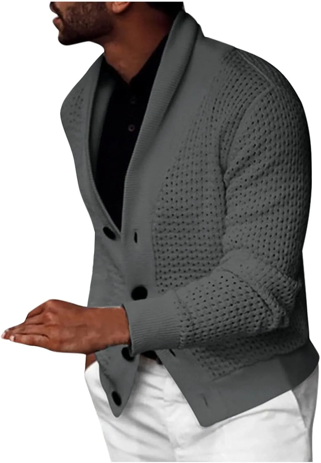 Dgoopd Mens Long Sleeve Cardigan Sweater Casual Shawl Collar Buttons Down Cable Knit Sweater Solid Color Winter Sweater