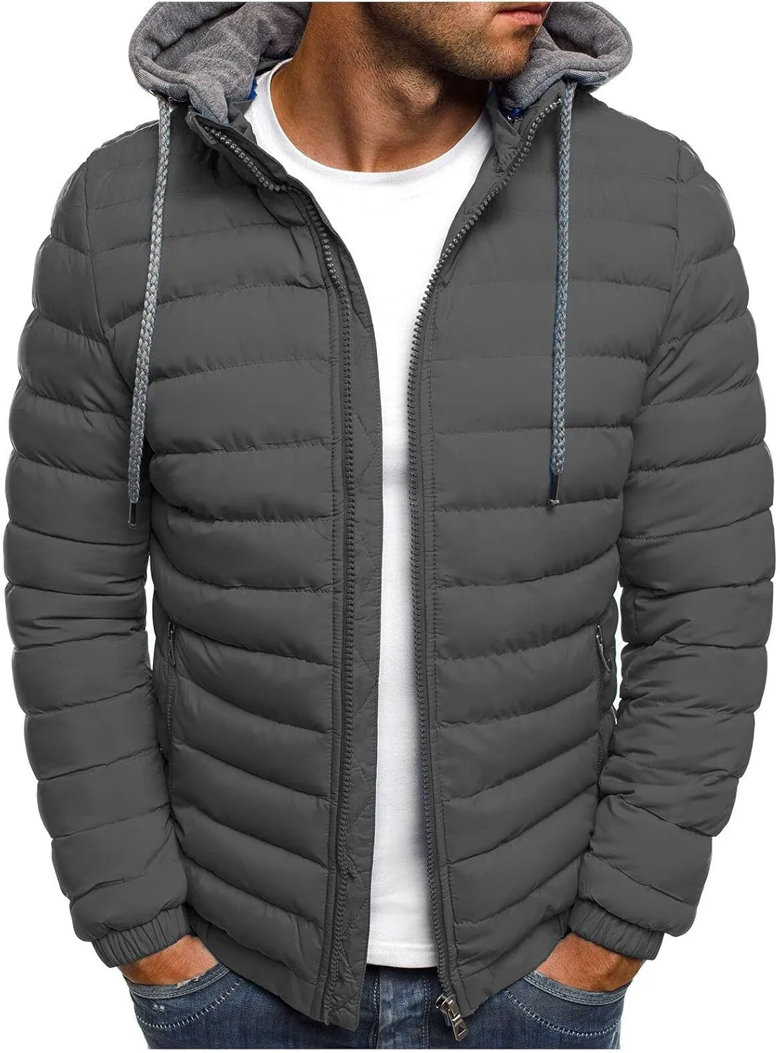 Dgoopd Men's Packable Puffer Jacket Detachable Hood Lightweight Winter Jacket Down Bubble Coat Winter Quilted Padded Jacket