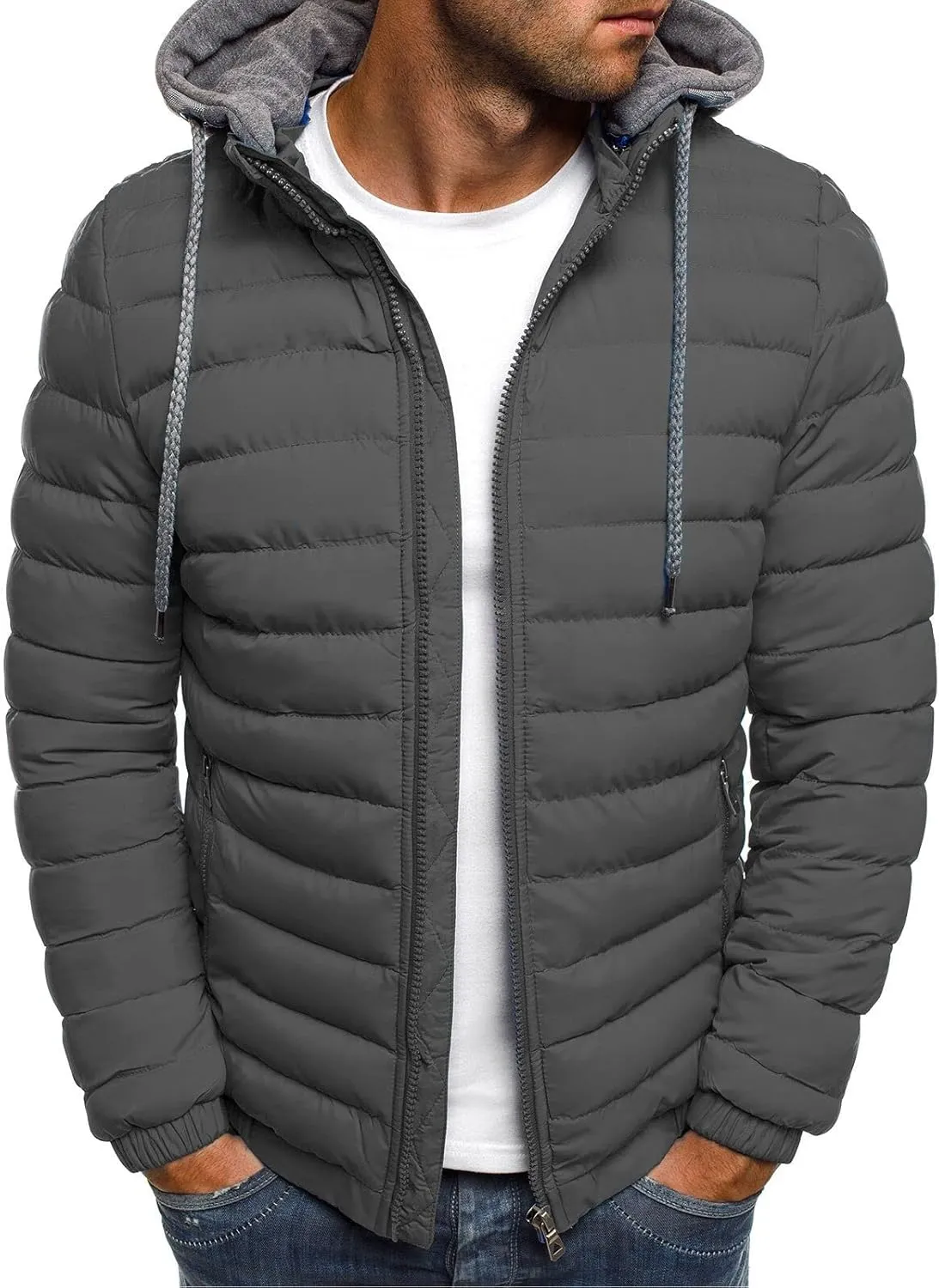 Dgoopd Men's Packable Puffer Jacket Detachable Hood Lightweight Winter Jacket Down Bubble Coat Winter Quilted Padded Jacket