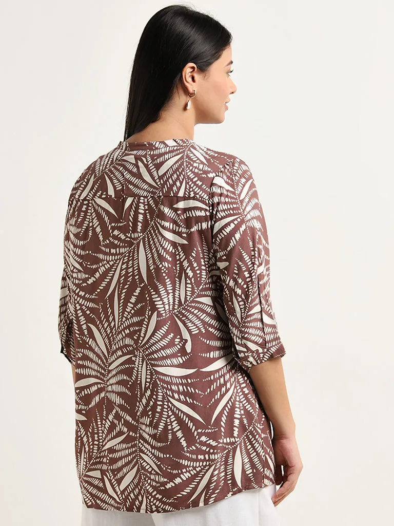Diza Dark Brown Leaf Printed Straight Kurti