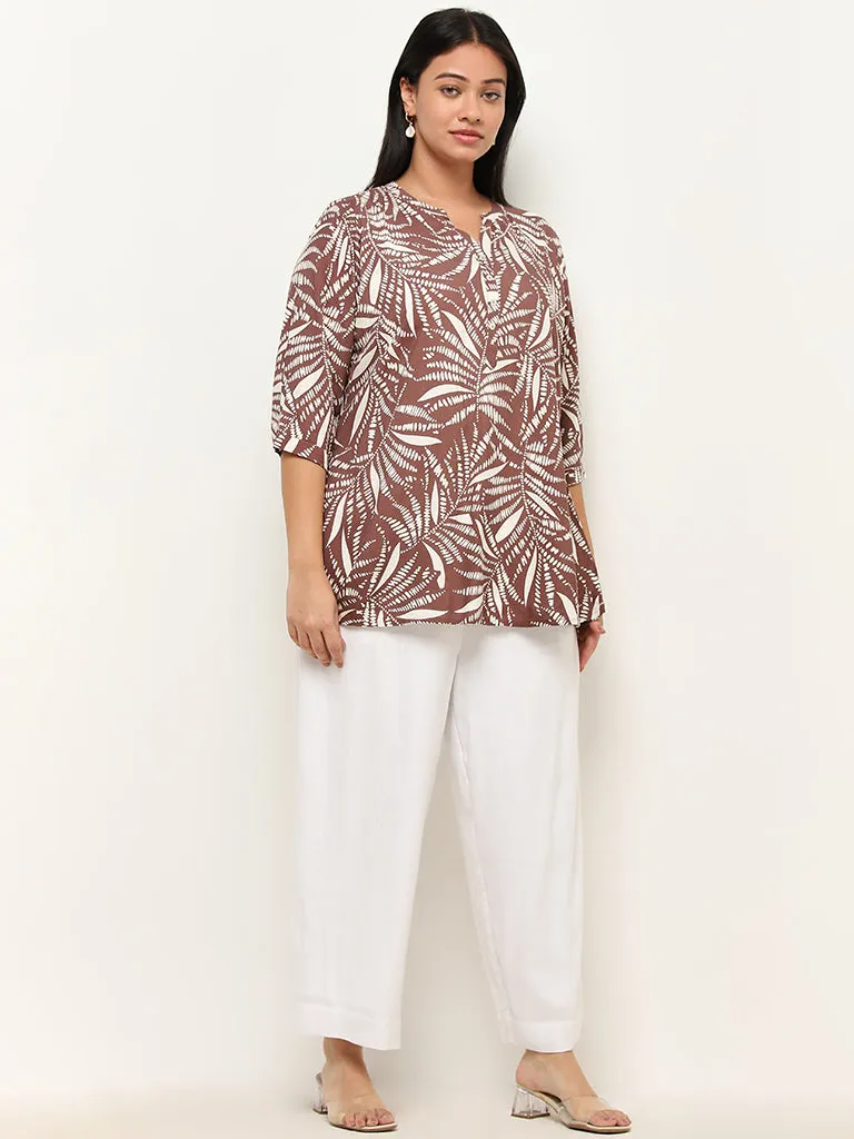 Diza Dark Brown Leaf Printed Straight Kurti