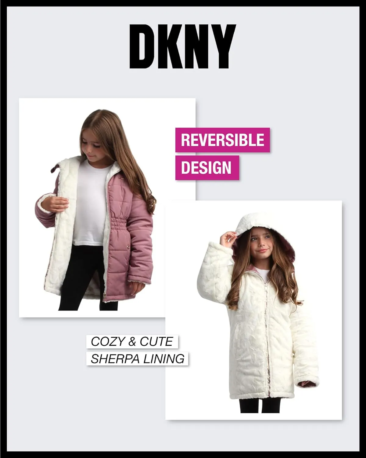 DKNY Girls Jacket  Reversible Heavyweight Quilted Parka Coat with Sherpa Lining  Reversible Jacket for Girls (4-16)