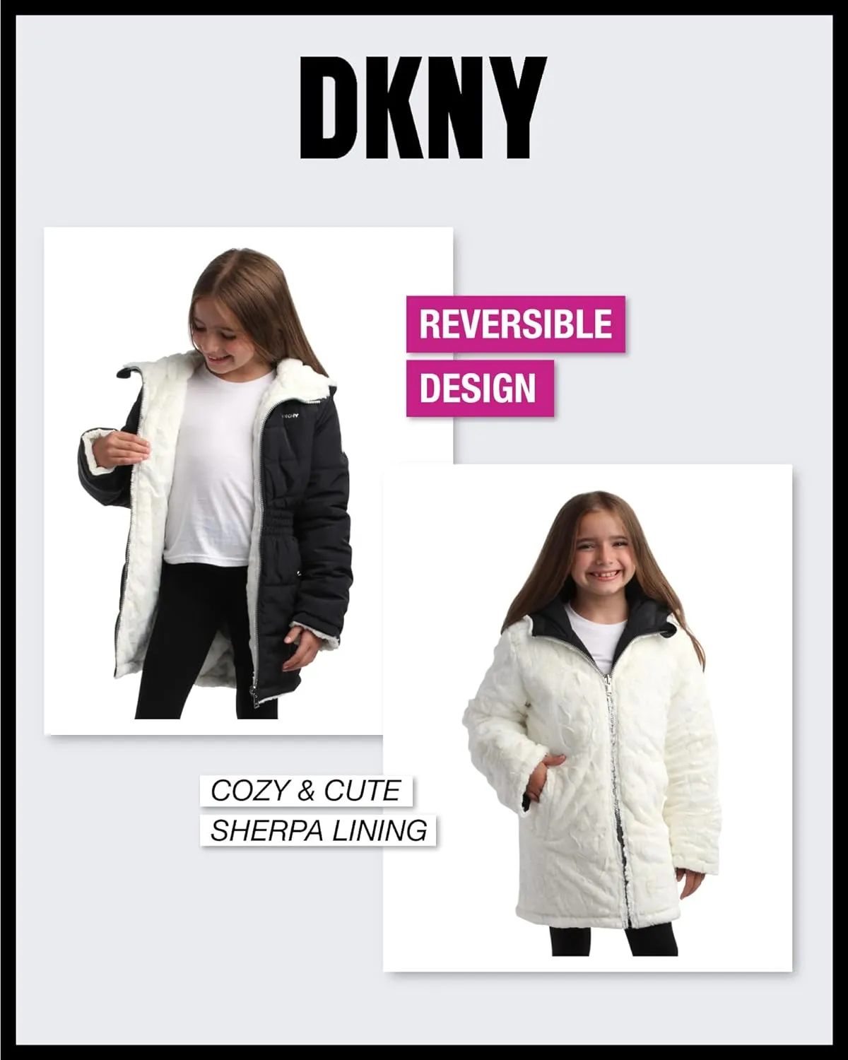 DKNY Girls Jacket  Reversible Heavyweight Quilted Parka Coat with Sherpa Lining  Reversible Jacket for Girls (4-16)