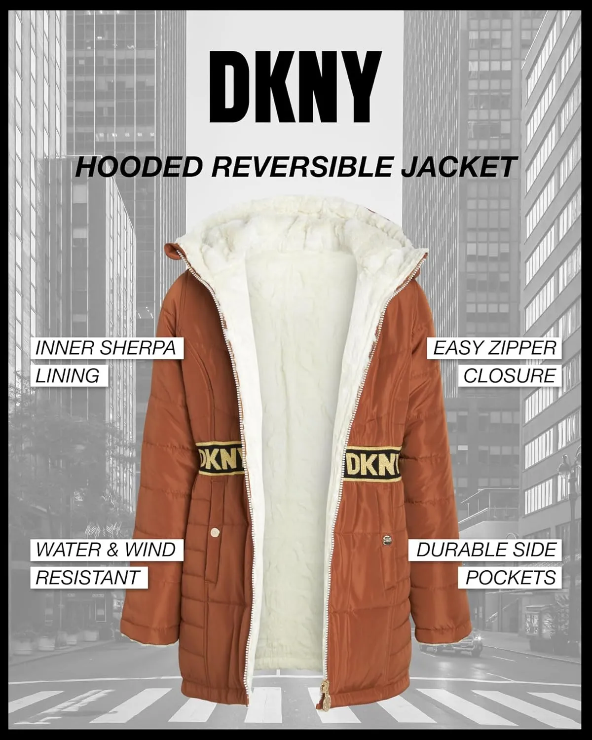 DKNY Girls Jacket  Reversible Heavyweight Quilted Parka Coat with Sherpa Lining  Reversible Jacket for Girls (4-16)