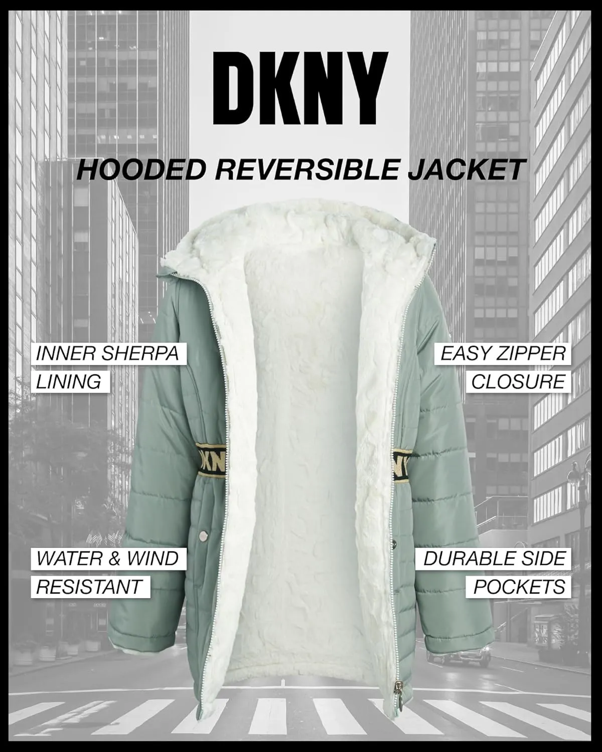 DKNY Girls Jacket  Reversible Heavyweight Quilted Parka Coat with Sherpa Lining  Reversible Jacket for Girls (4-16)