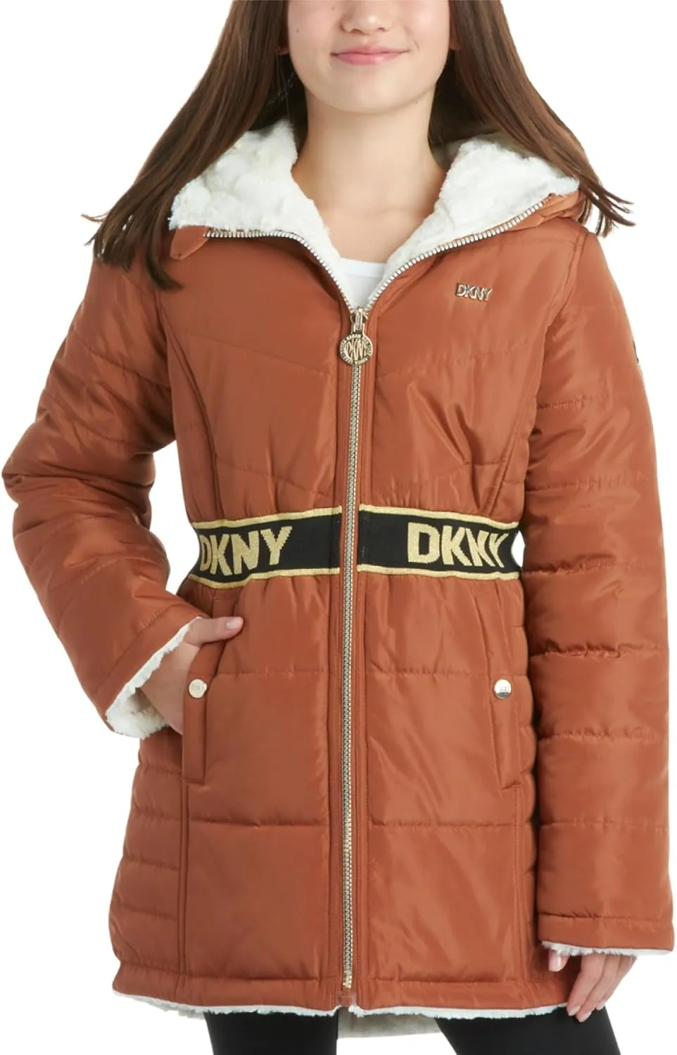 DKNY Girls Jacket  Reversible Heavyweight Quilted Parka Coat with Sherpa Lining  Reversible Jacket for Girls (4-16)