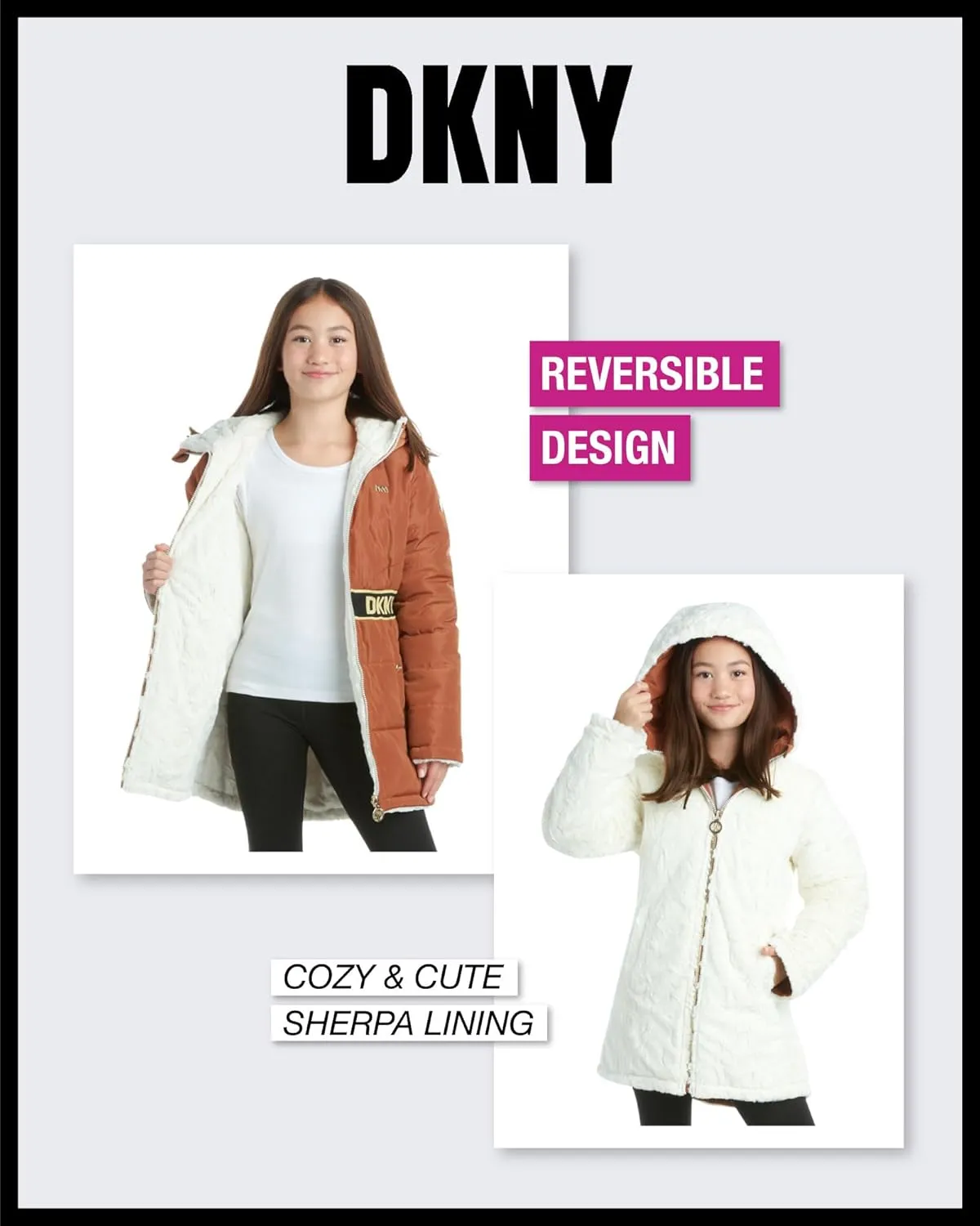 DKNY Girls Jacket  Reversible Heavyweight Quilted Parka Coat with Sherpa Lining  Reversible Jacket for Girls (4-16)