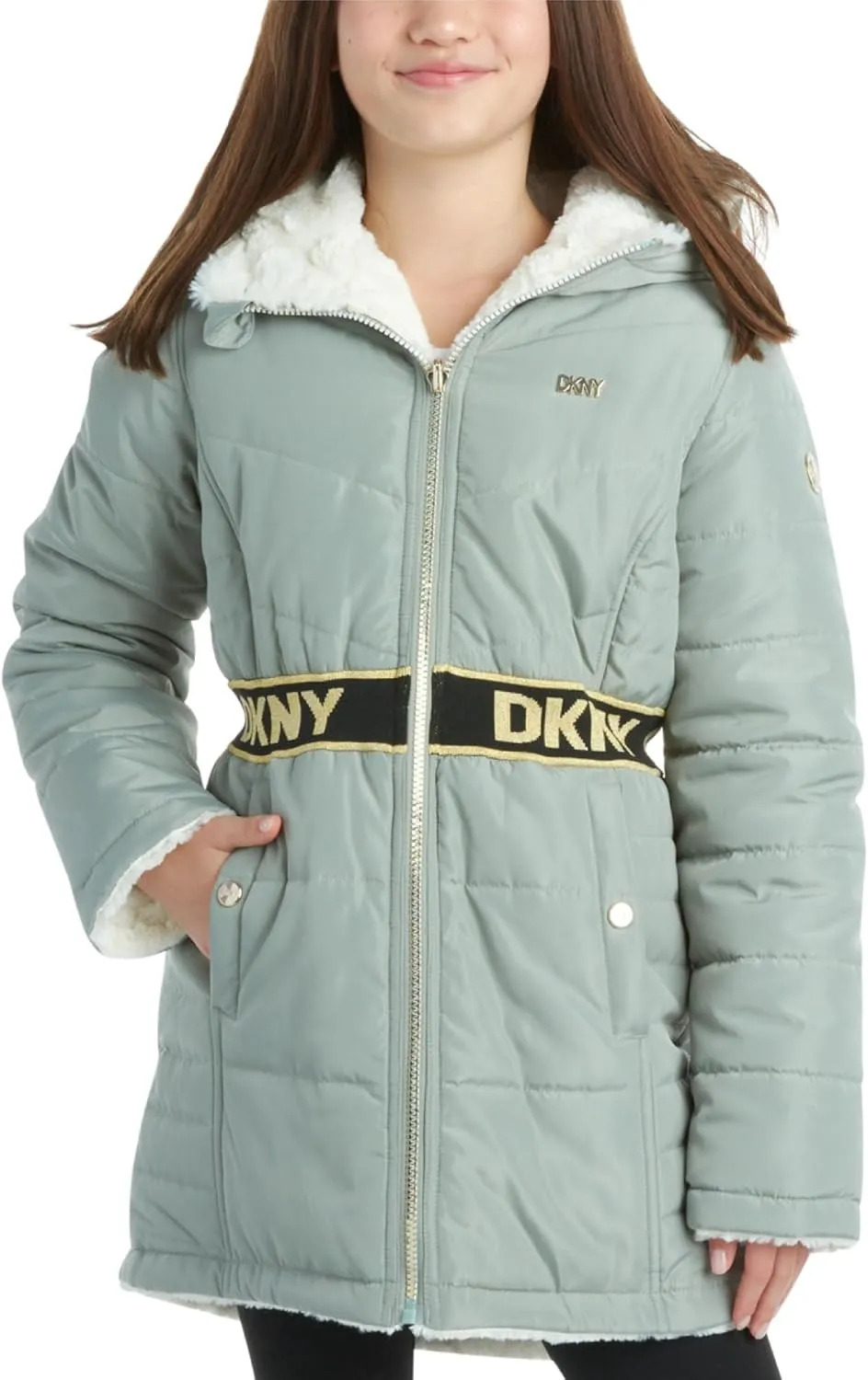DKNY Girls Jacket  Reversible Heavyweight Quilted Parka Coat with Sherpa Lining  Reversible Jacket for Girls (4-16)