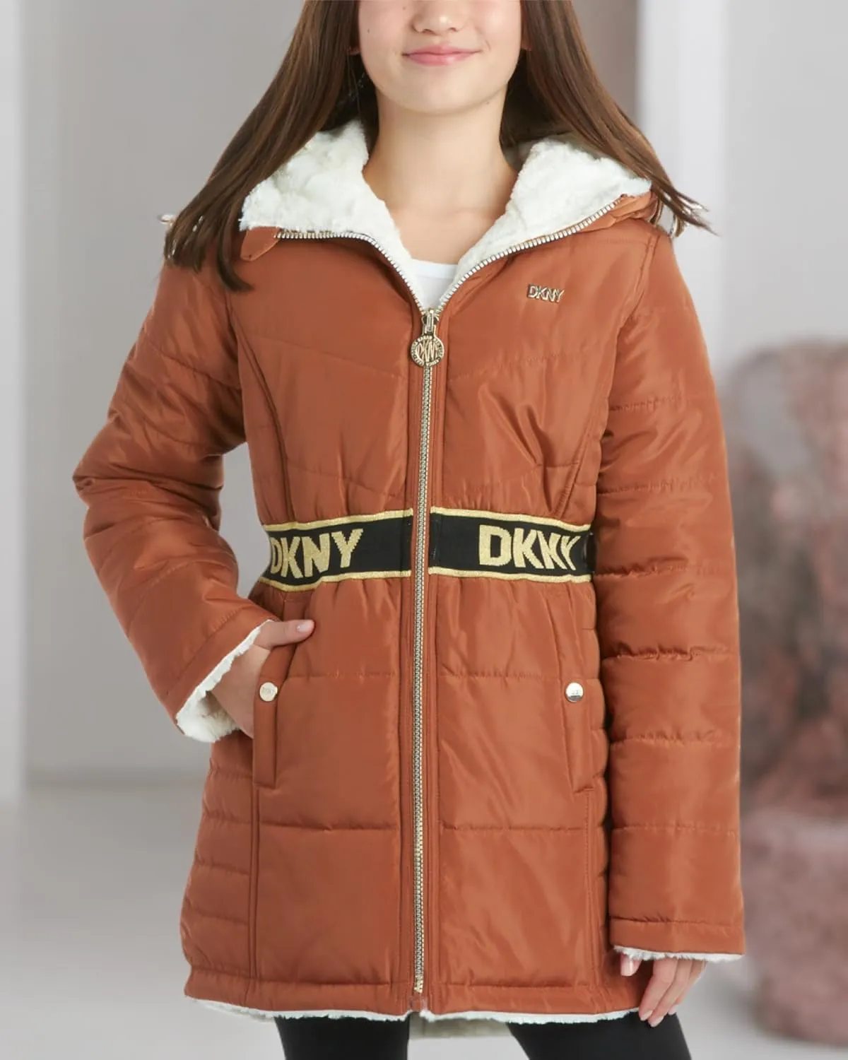 DKNY Girls Jacket  Reversible Heavyweight Quilted Parka Coat with Sherpa Lining  Reversible Jacket for Girls (4-16)