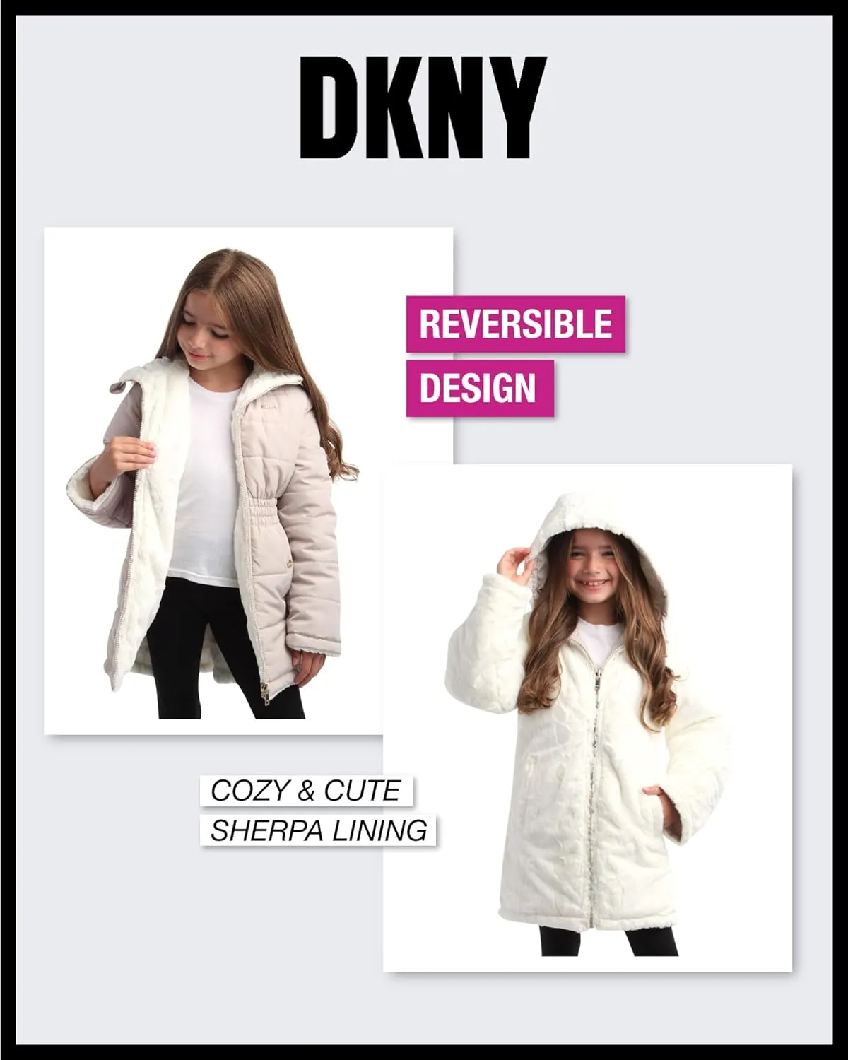 DKNY Girls Jacket  Reversible Heavyweight Quilted Parka Coat with Sherpa Lining  Reversible Jacket for Girls (4-16)
