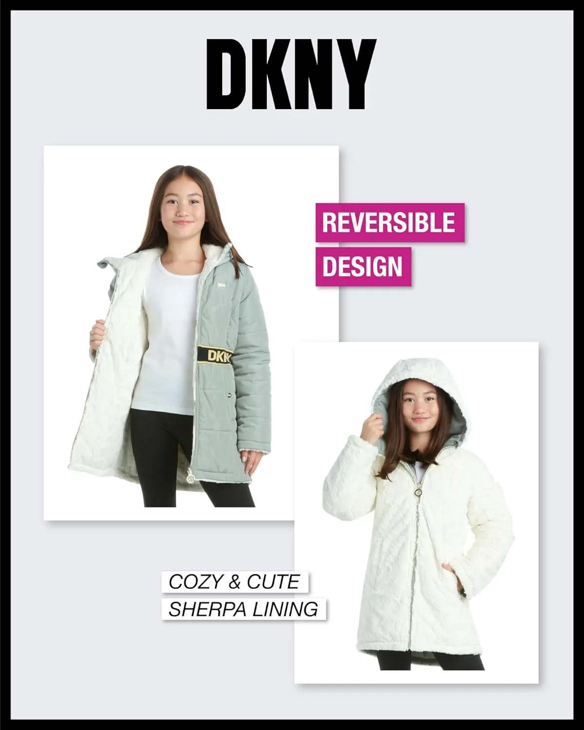 DKNY Girls Jacket  Reversible Heavyweight Quilted Parka Coat with Sherpa Lining  Reversible Jacket for Girls (4-16)