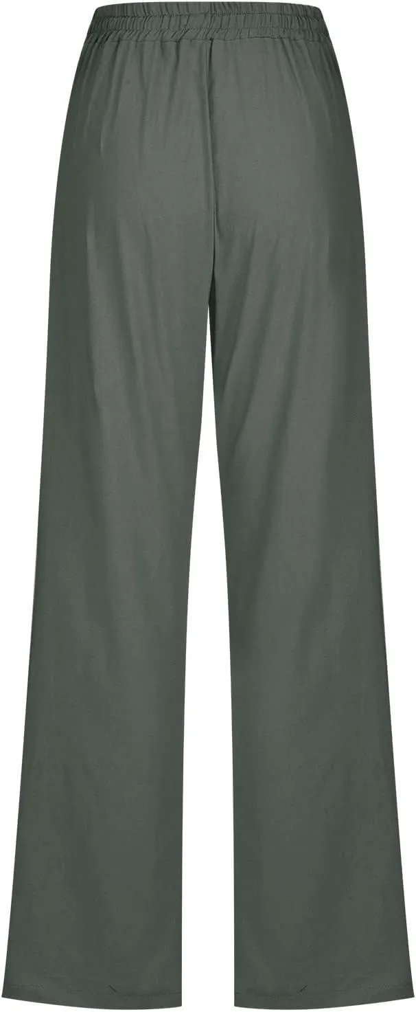 DOLKFU Loose Pants for Women Straight Leg Linen Pants Trousers Drawstring Elastic High Waist Summer Vacation Pants