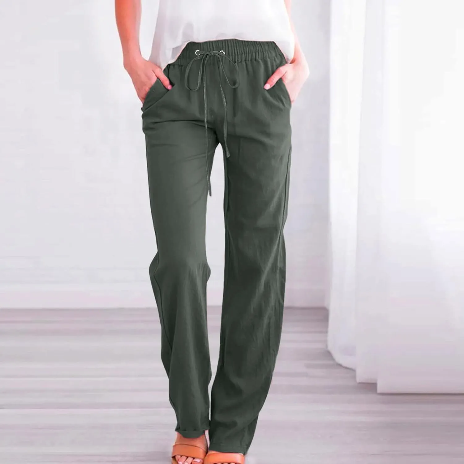 DOLKFU Loose Pants for Women Straight Leg Linen Pants Trousers Drawstring Elastic High Waist Summer Vacation Pants