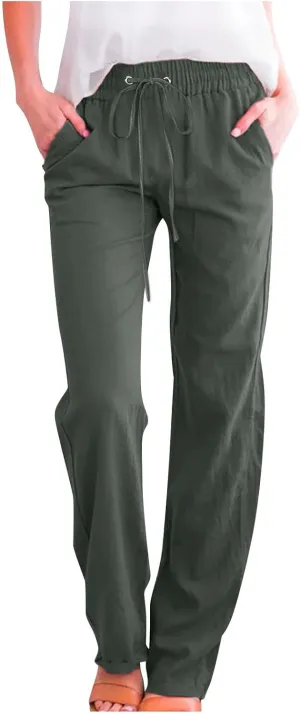 DOLKFU Loose Pants for Women Straight Leg Linen Pants Trousers Drawstring Elastic High Waist Summer Vacation Pants