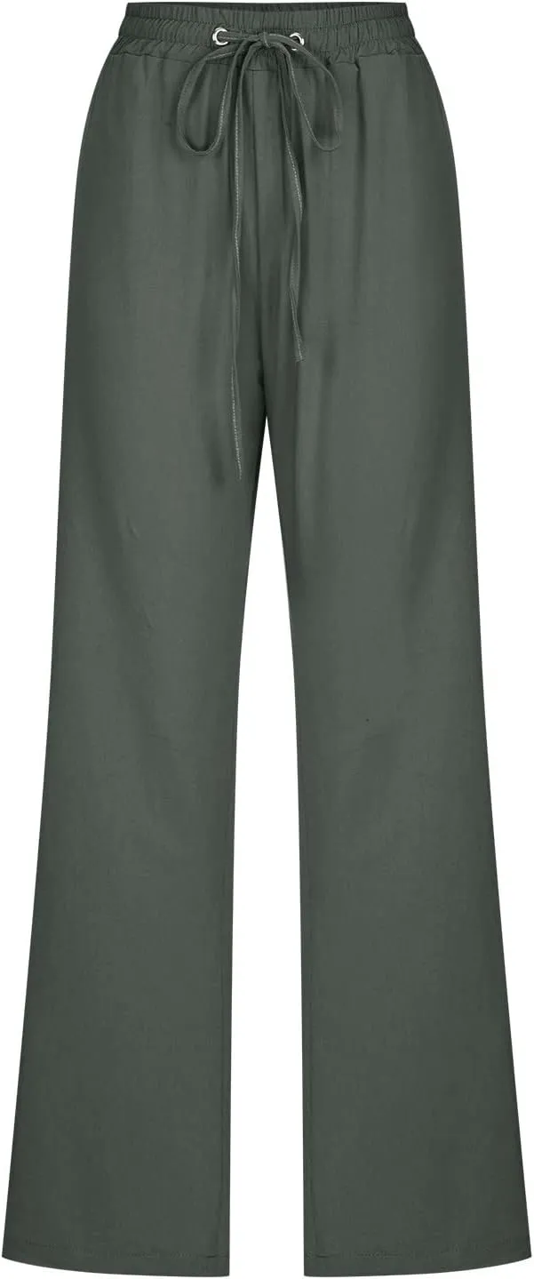 DOLKFU Loose Pants for Women Straight Leg Linen Pants Trousers Drawstring Elastic High Waist Summer Vacation Pants